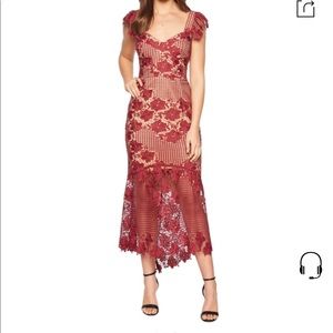 Size 4, Bardot midi Lucy Lace Midi Dress In Boysenberry/ Nude